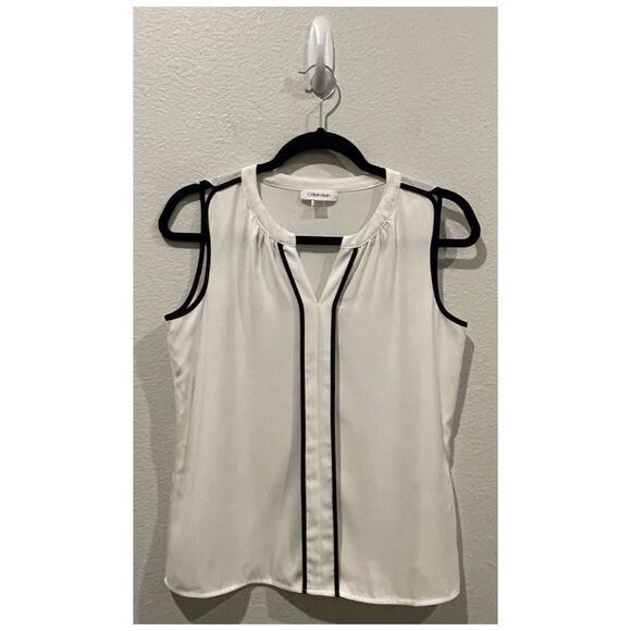 CALVIN KLEIN White & Black Trim Sleeveless Tank Top - Picture 1 of 3